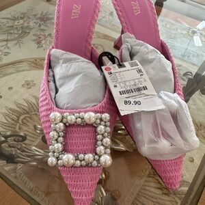 Zara Barbie Pink Mules with Pearl Buckle